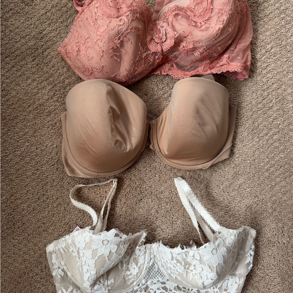 Victoria's Secret Pink Lace, Tan Strapless, and White Lace Bra Set 34DD